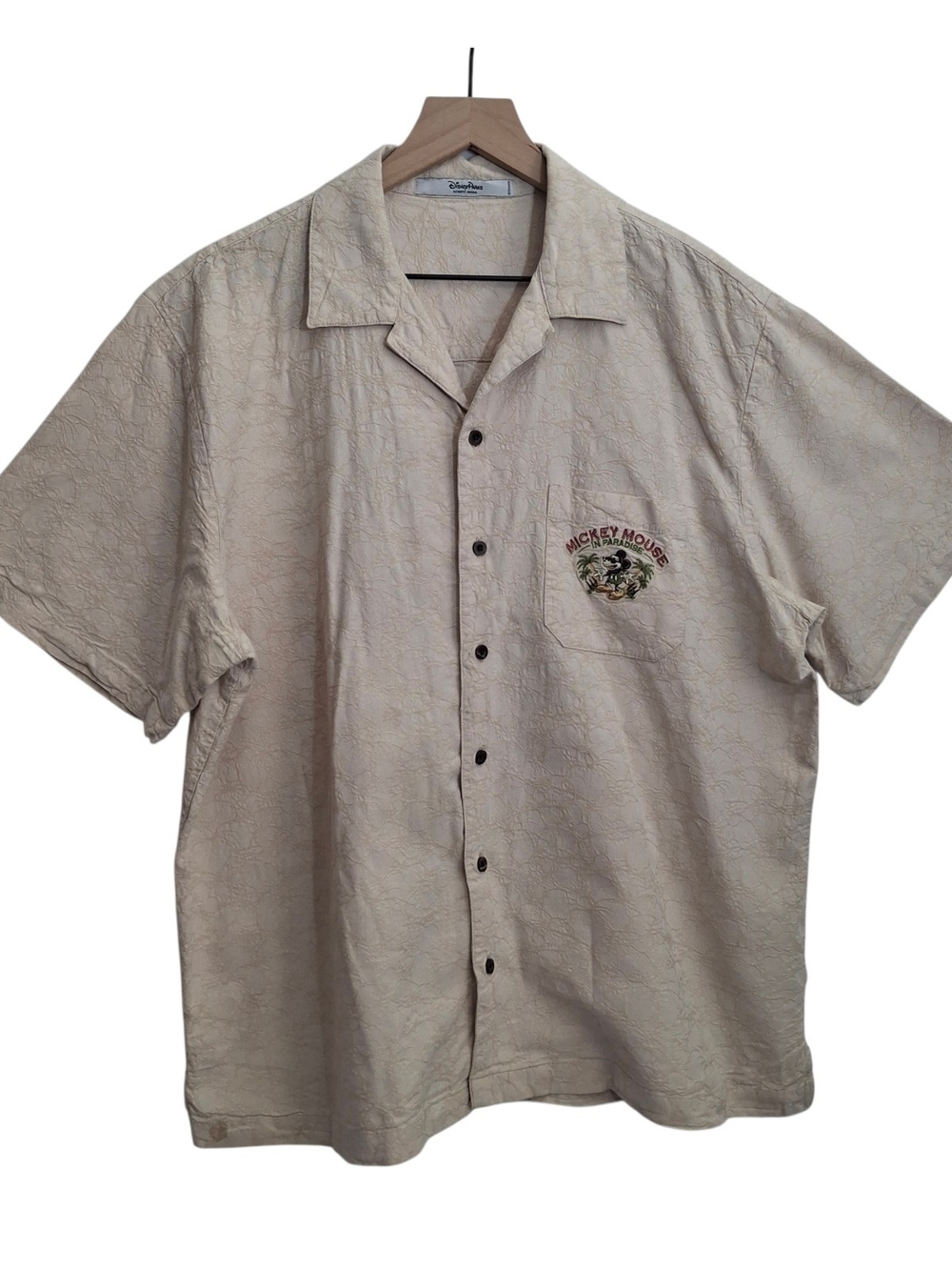 Disney Parks Mickey in Paradise Hawaiian Beach Men's Tan Camp Shirt Size Lg